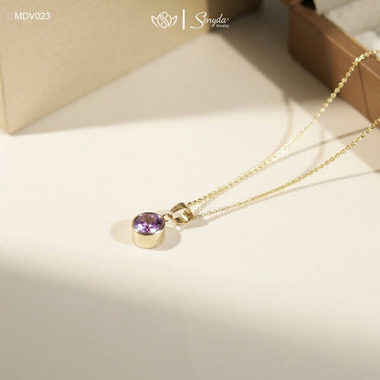 10K Solid Gold Round Amethyst Bezel Set Pendant Necklace