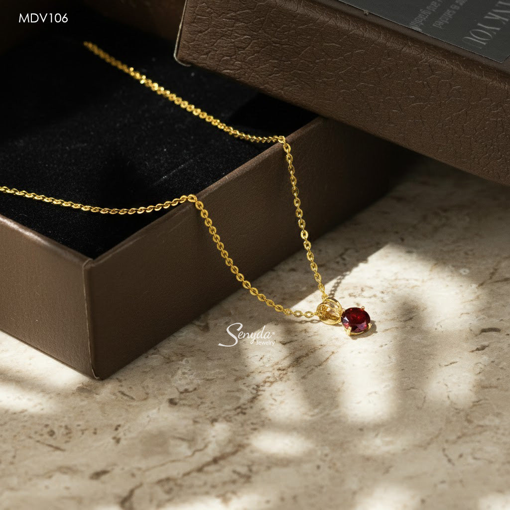 10K Solid Gold Round Shaped Garnet Pendant Necklace