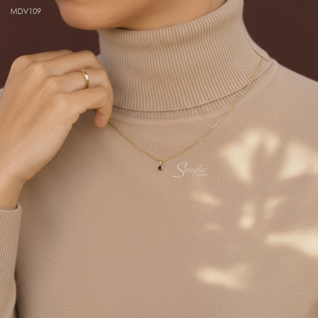 10K Solid Gold Round - Shaped Tiny Pink Tourmaline Bezel Necklace