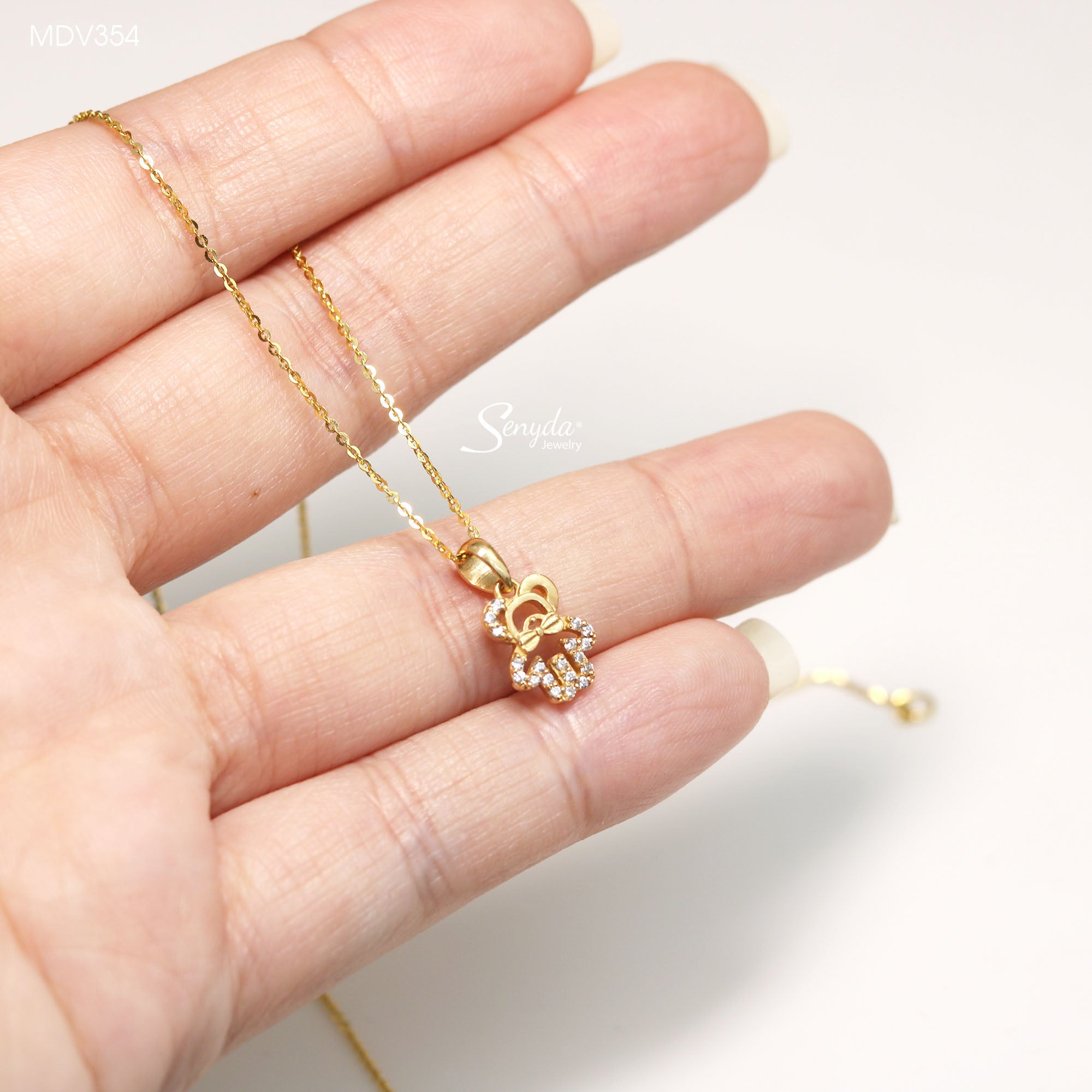 10K Solid Gold Pavé Hollow Bear Necklace