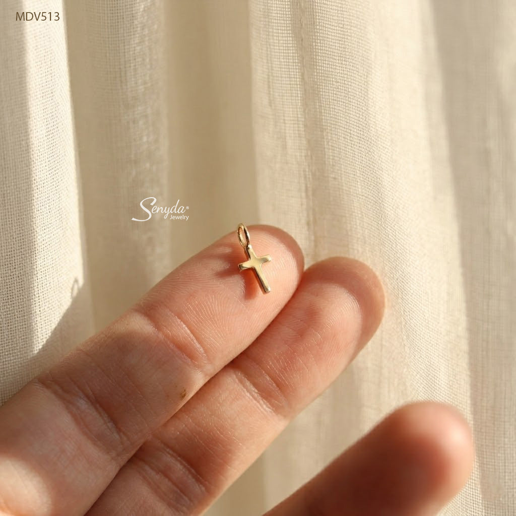 14K Solid Gold 7mm Tiny Plain Cross Pendant