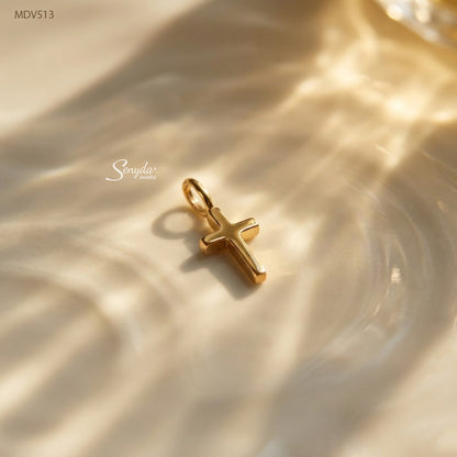 14K Solid Gold 7mm Tiny Plain Cross Pendant