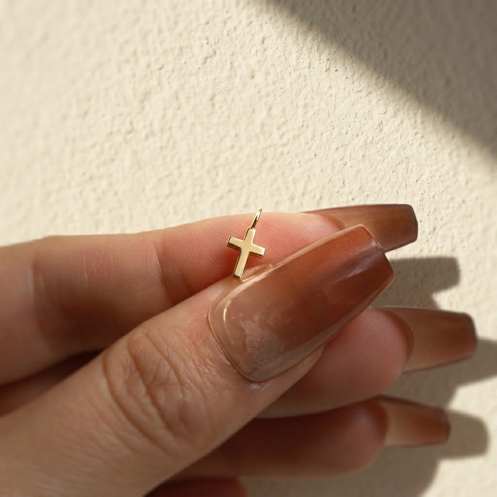 14K Solid Gold 7mm Tiny Plain Cross Pendant