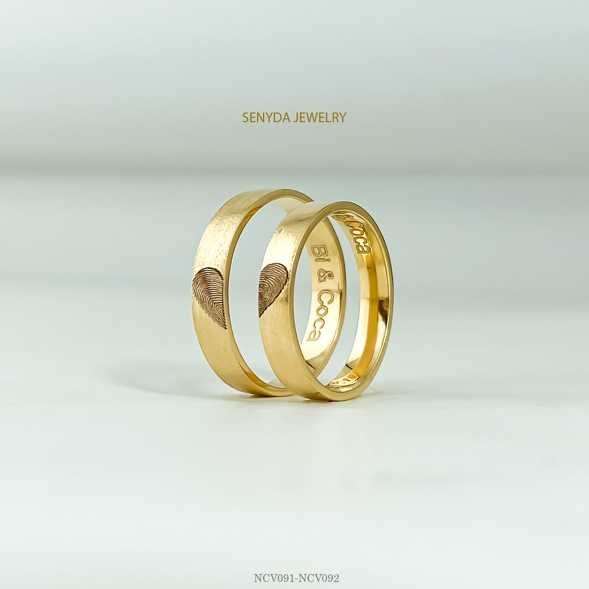 Fingerprint Heart And Custom Name Wedding Ring Set