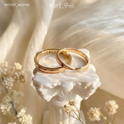 Senyda 14K Solid Gold Beaded Border Patterned Wedding Ring Set