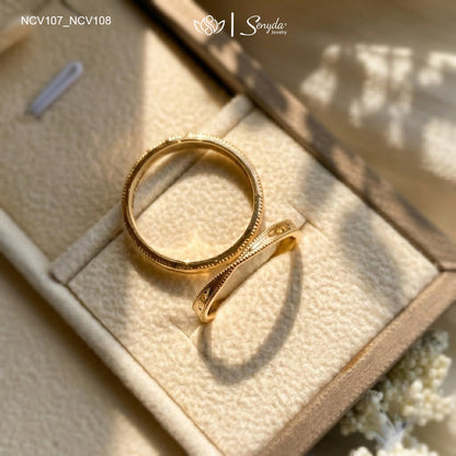 Senyda 14K Solid Gold Beaded Border Patterned Wedding Ring Set