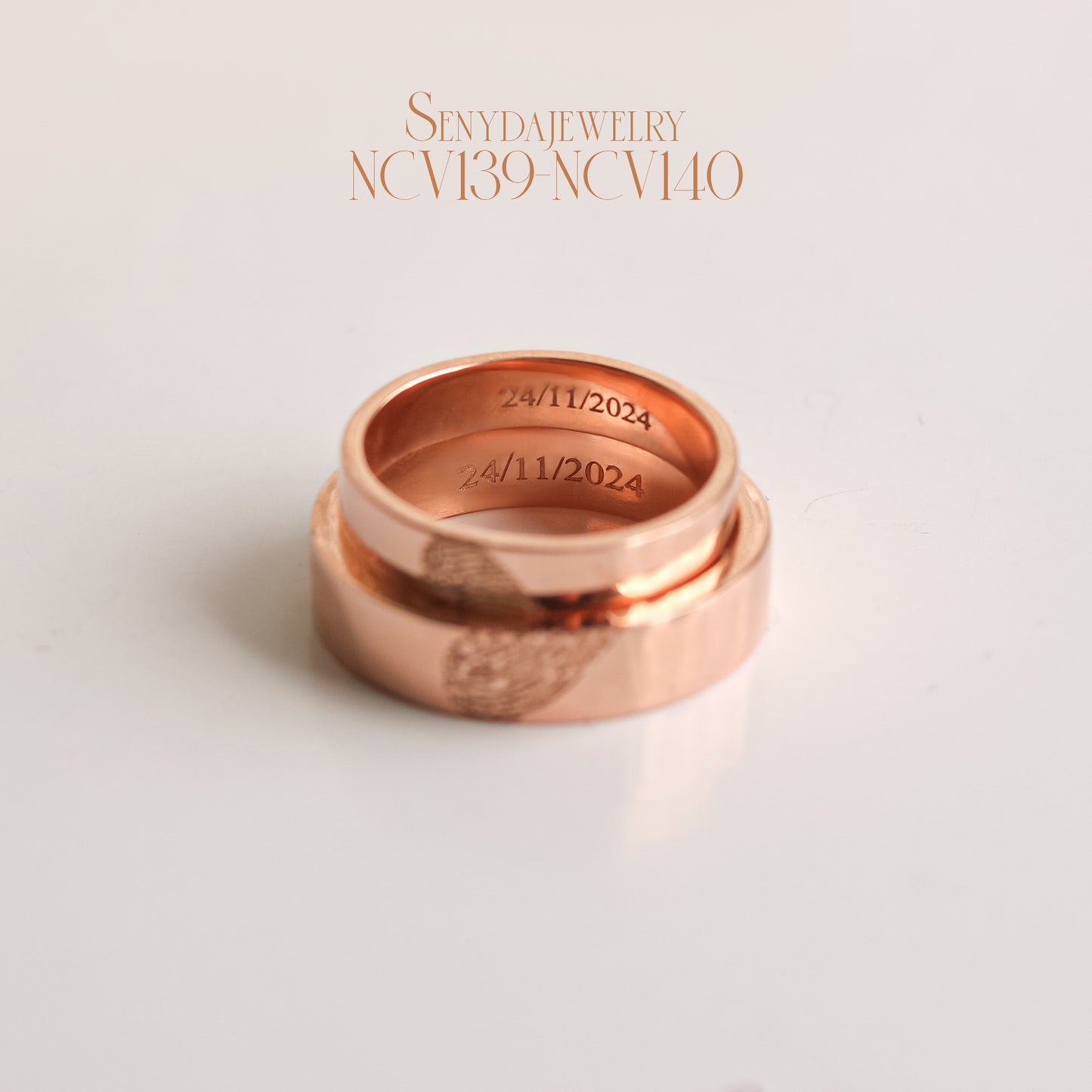 Senyda 18K Solid Gold Fingerprint Heart And Custom Name Wedding Ring Set