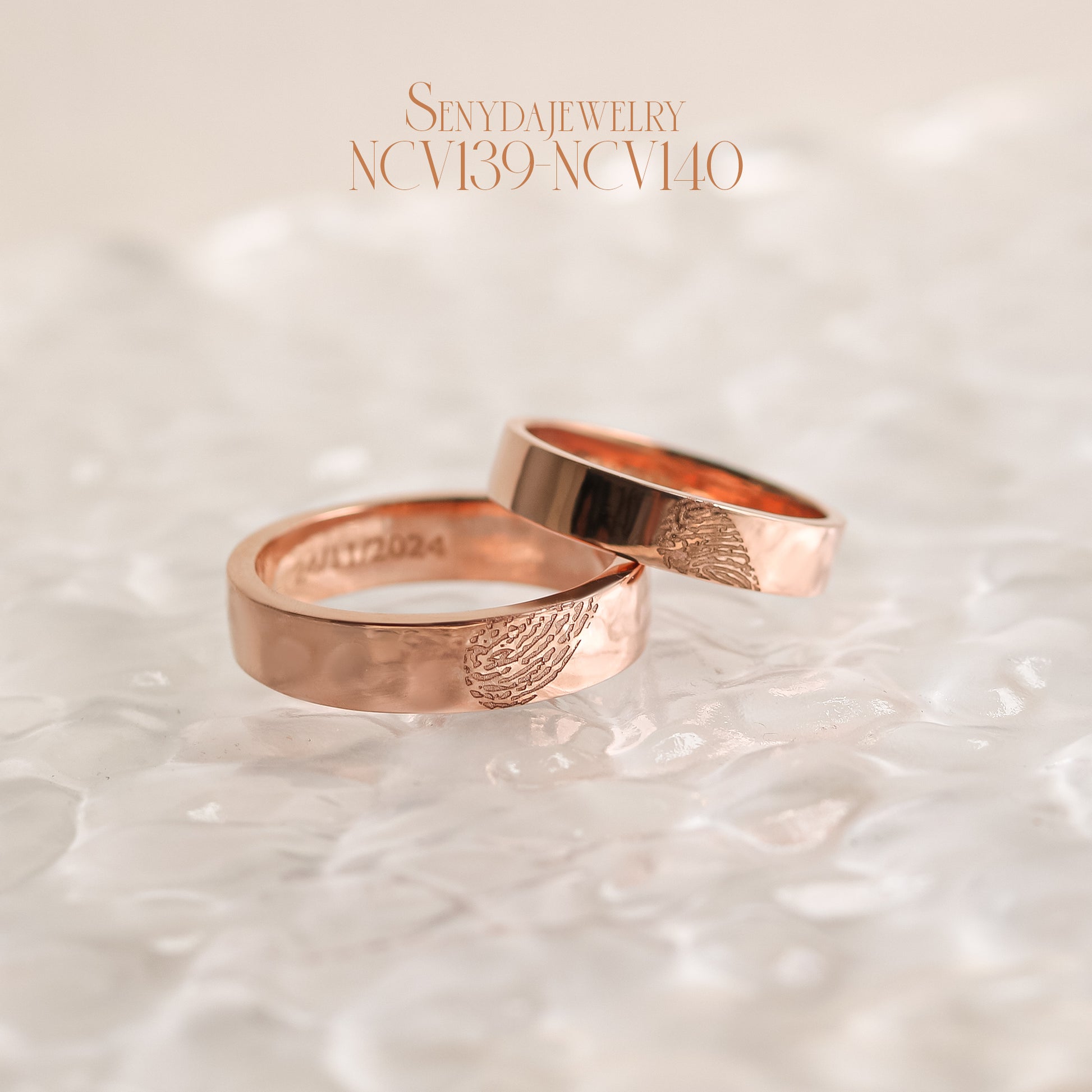Senyda 18K Solid Gold Fingerprint Heart And Custom Name Wedding Ring Set