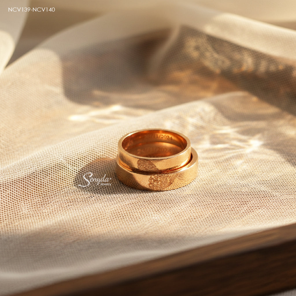 Senyda 18K Solid Gold Fingerprint Heart And Custom Name Wedding Ring Set