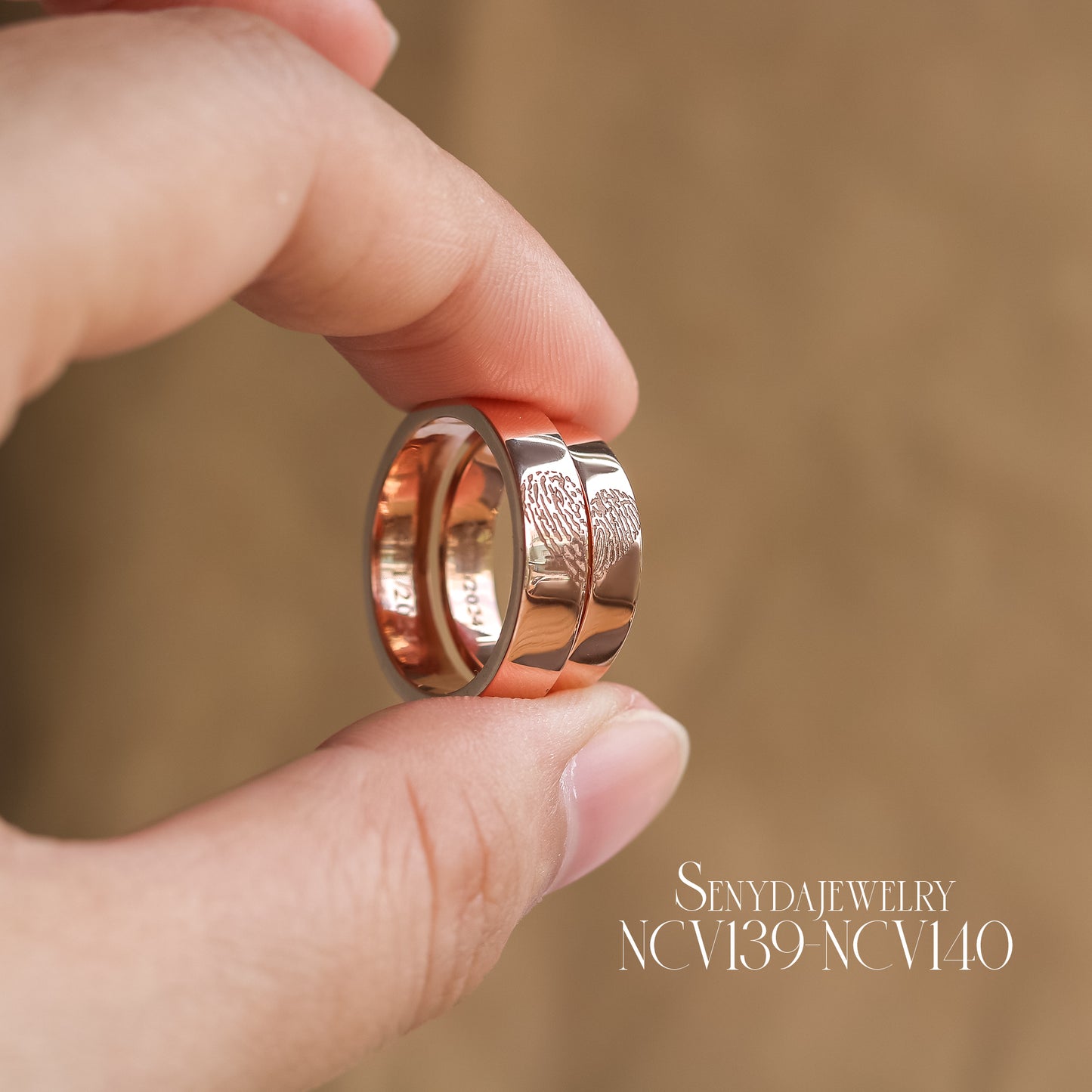 Senyda 18K Solid Gold Fingerprint Heart And Custom Name Wedding Ring Set