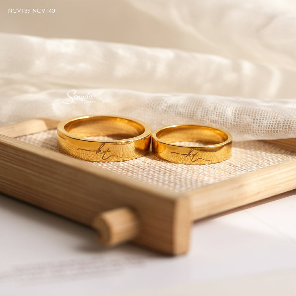 Senyda 18K Solid Gold Fingerprint Heart And Custom Name Wedding Ring Set