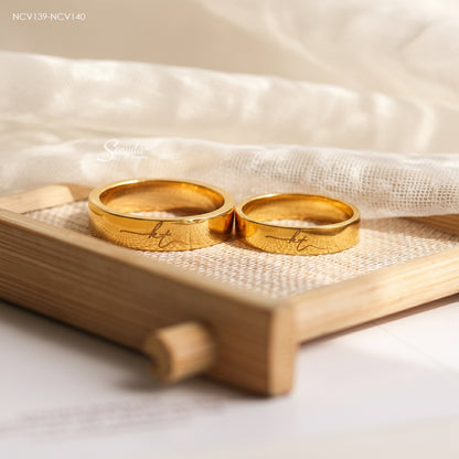 Senyda 18K Solid Gold Fingerprint Heart And Custom Name Wedding Ring Set