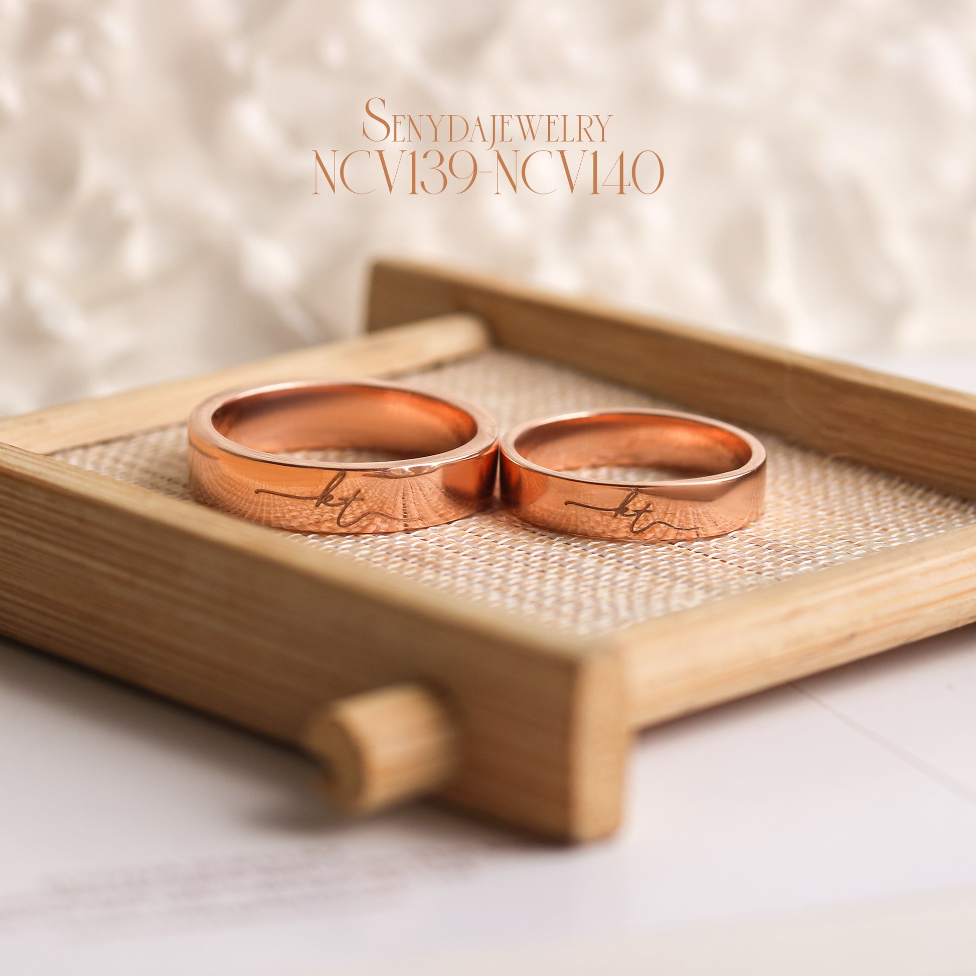 Senyda 18K Solid Gold Fingerprint Heart And Custom Name Wedding Ring Set