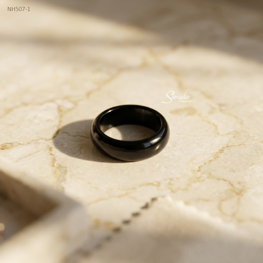 Natural Agate Solid Band Ring - Black Agate