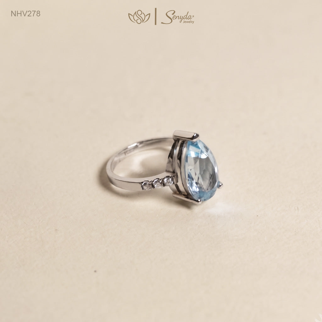 18K Solid Gold Pear - Shaped Brilliant Cut Blue Topaz Ring