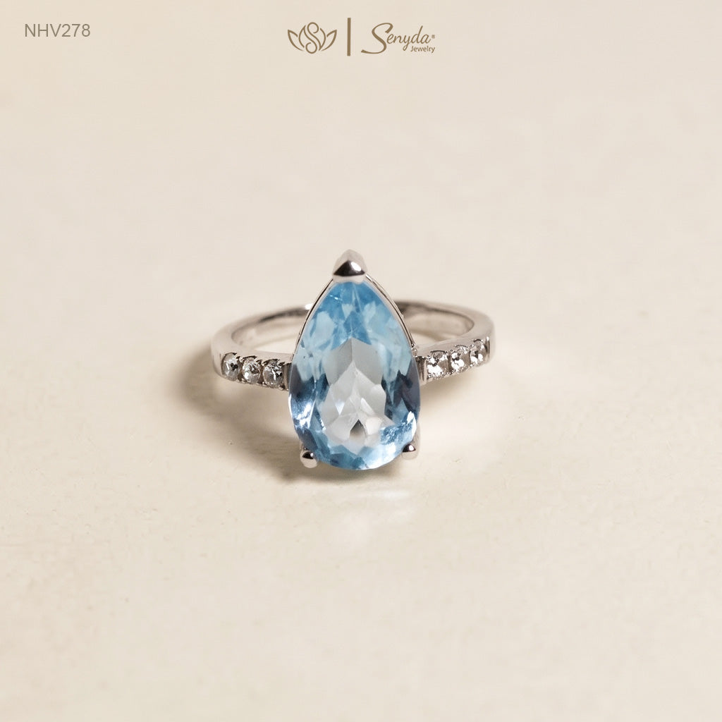 18K Solid Gold Pear - Shaped Brilliant Cut Blue Topaz Ring