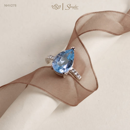 18K Solid Gold Pear - Shaped Brilliant Cut Blue Topaz Ring