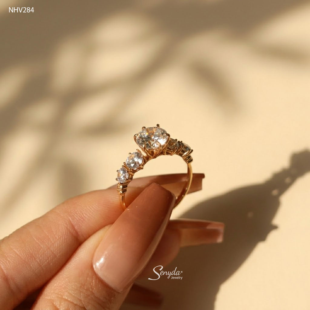 10K Solid Gold 6-Prong Solitaire Ring - Tapered Floral Side Stones