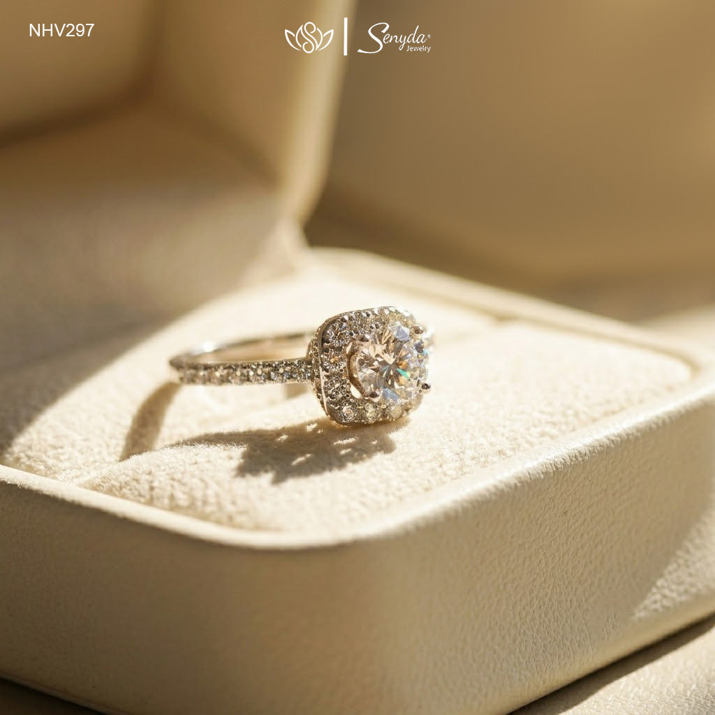 18K Solid Gold Cubic Zirconia Square Halo Ring