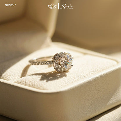 18K Solid Gold Cubic Zirconia Square Halo Ring