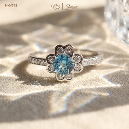 10K Solid Gold Topaz Flower Halo Channel Ring