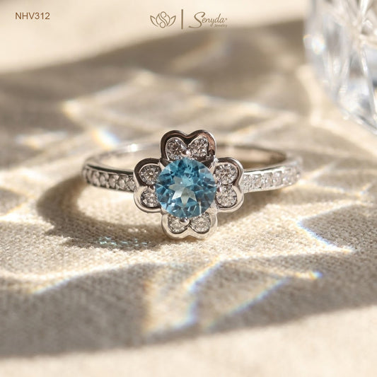 10K Solid Gold Topaz Flower Halo Channel Ring