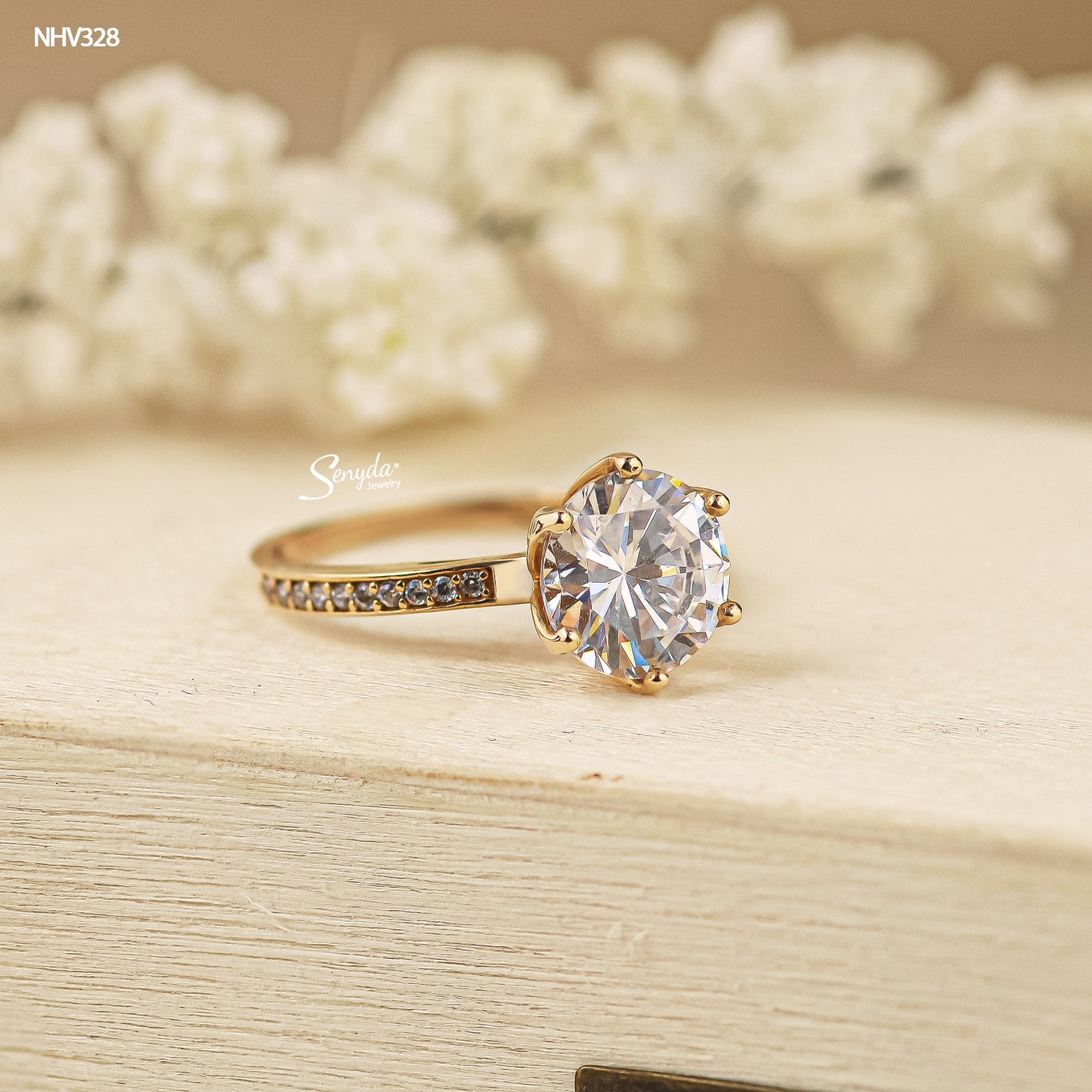 10K Solid Gold 6-Prong Round Solitaire Cubic Zirconia Channel Ring