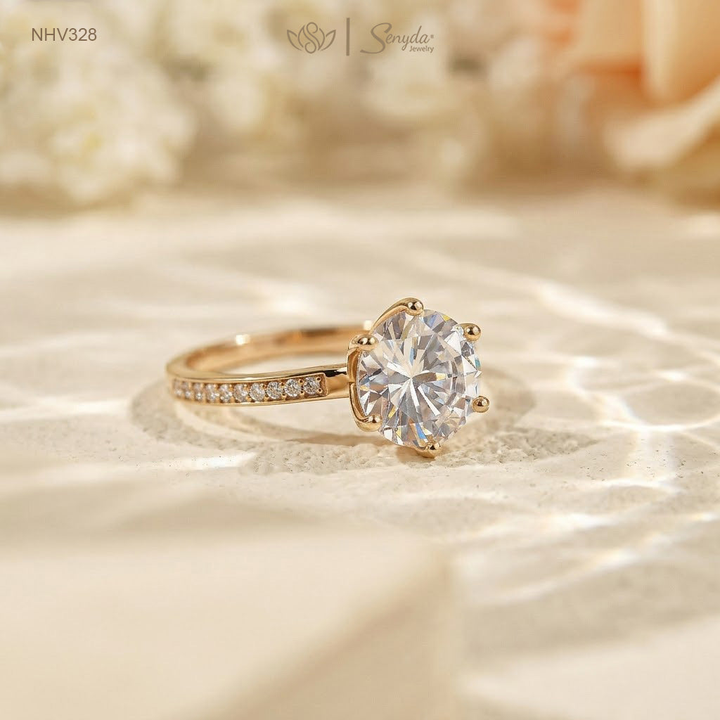 10K Solid Gold 6-Prong Round Solitaire Cubic Zirconia Channel Ring