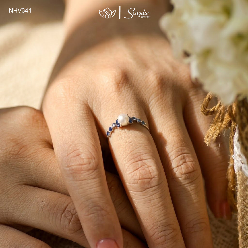10K Solid Gold Freshwater Pearl And Sapphires Ring