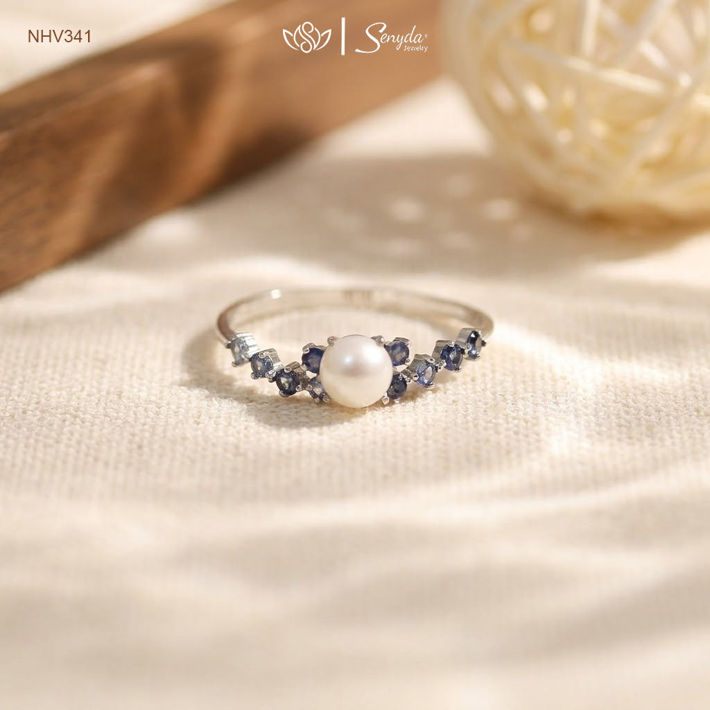 10K Solid Gold Freshwater Pearl And Sapphires Ring