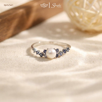 10K Solid Gold Freshwater Pearl And Sapphires Ring