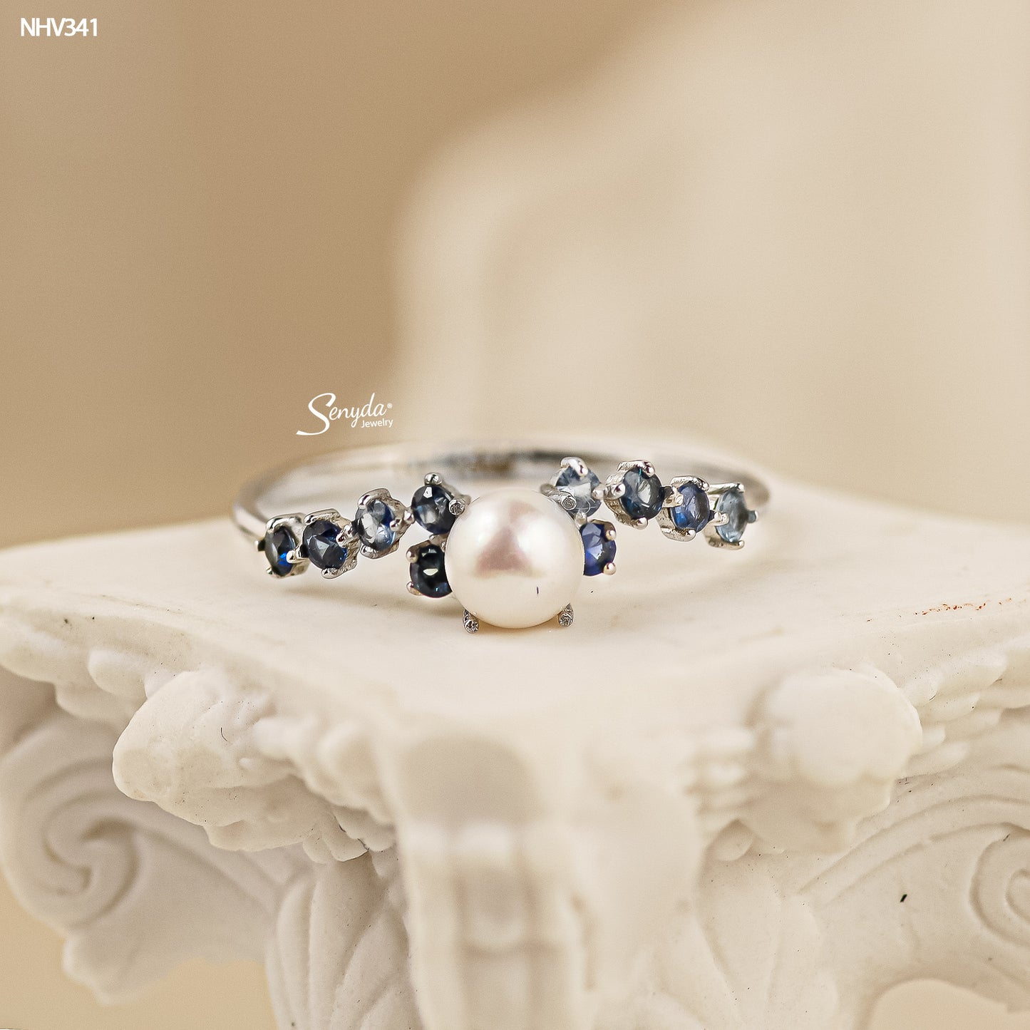 10K Solid Gold Freshwater Pearl And Sapphires Ring