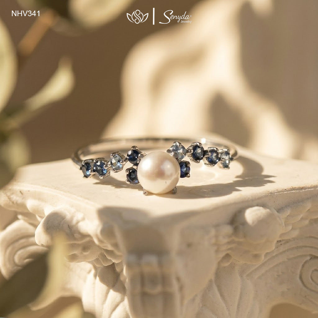 10K Solid Gold Freshwater Pearl And Sapphires Ring