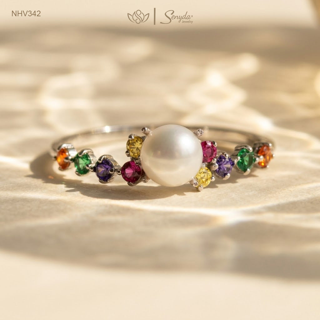 10K Solid Gold Multicolor CZ And Freshwater Pearl Ring