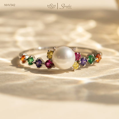 10K Solid Gold Multicolor CZ And Freshwater Pearl Ring