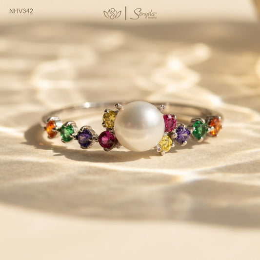 10K Solid Gold Multicolor CZ And Freshwater Pearl Ring