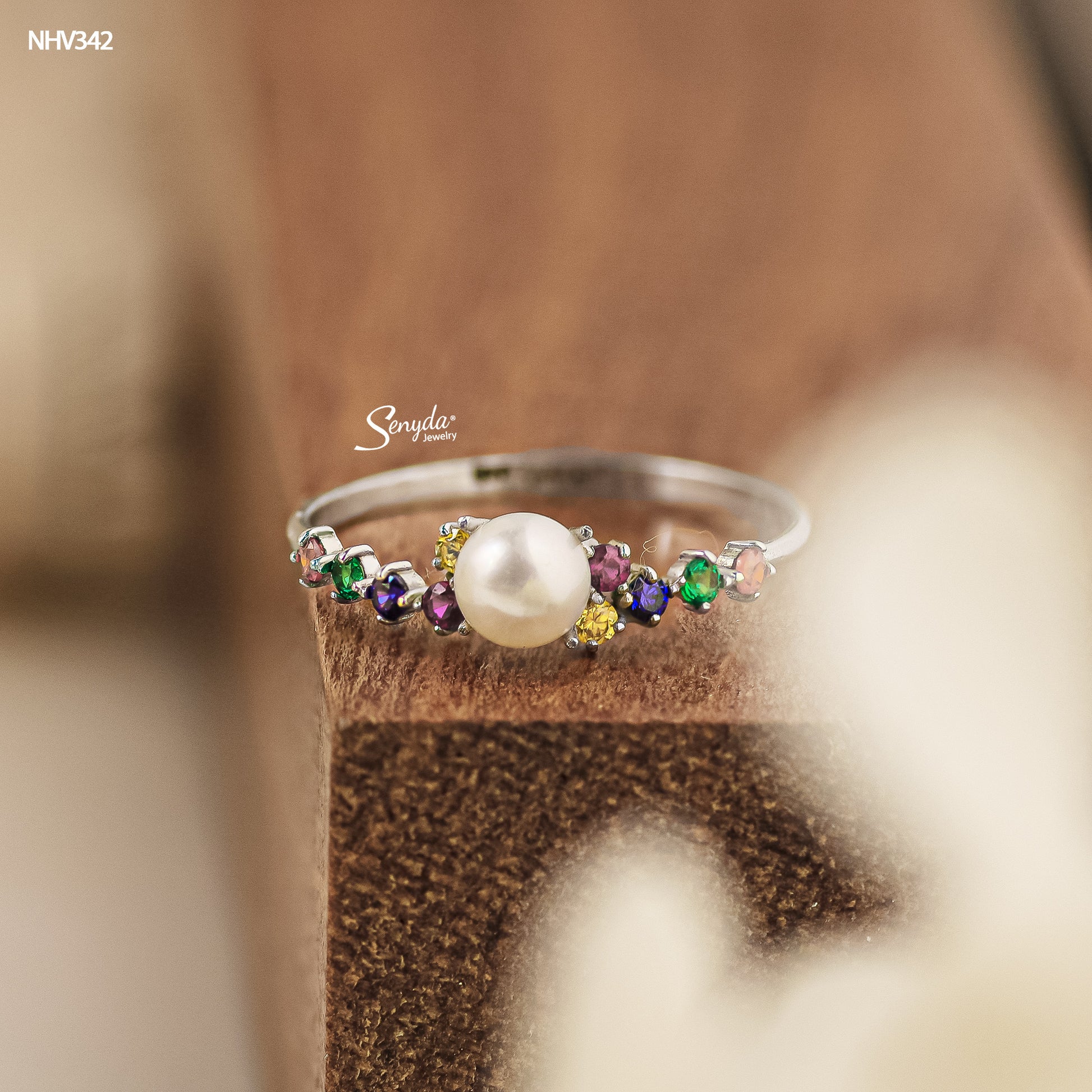 10K Solid Gold Multicolor CZ And Freshwater Pearl Ring