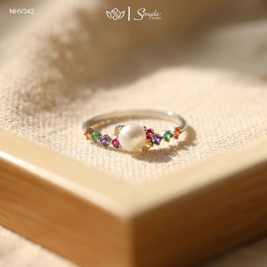 10K Solid Gold Multicolor CZ And Freshwater Pearl Ring