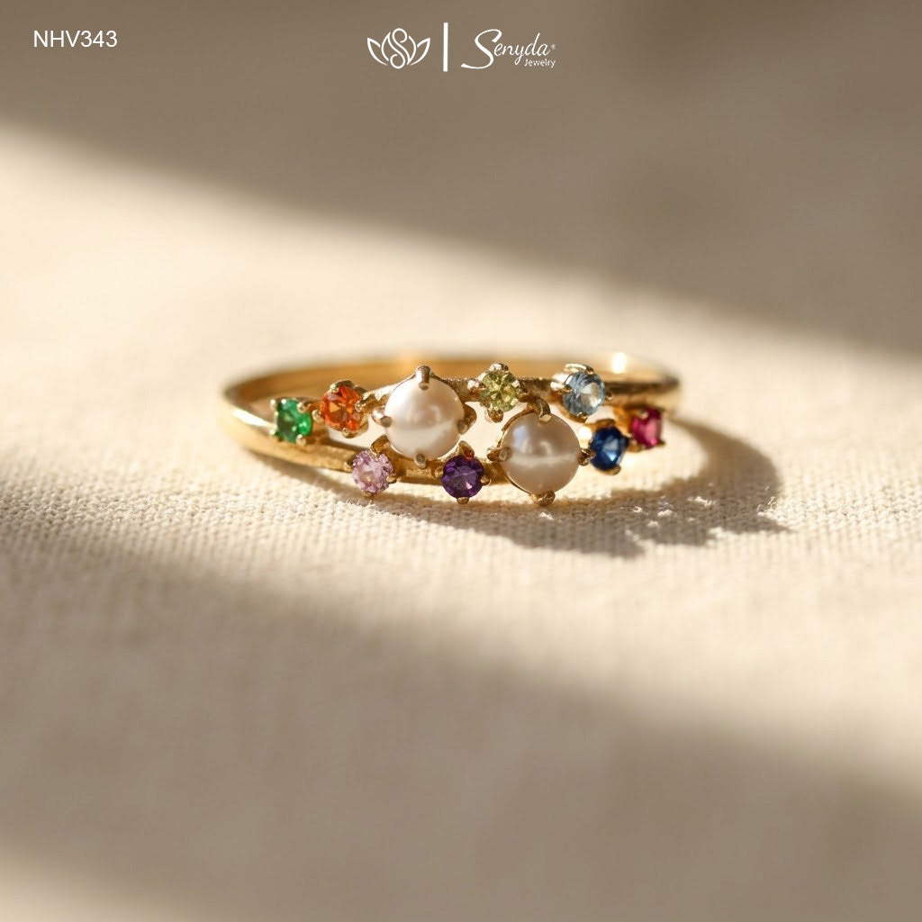 10K Solid Gold Pearls And Multicolor Cubic Zirconia Ring