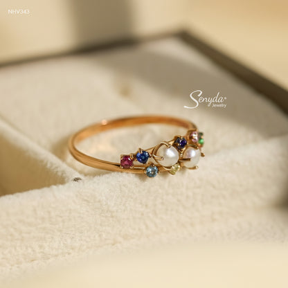 10K Solid Gold Pearls And Multicolor Cubic Zirconia Ring