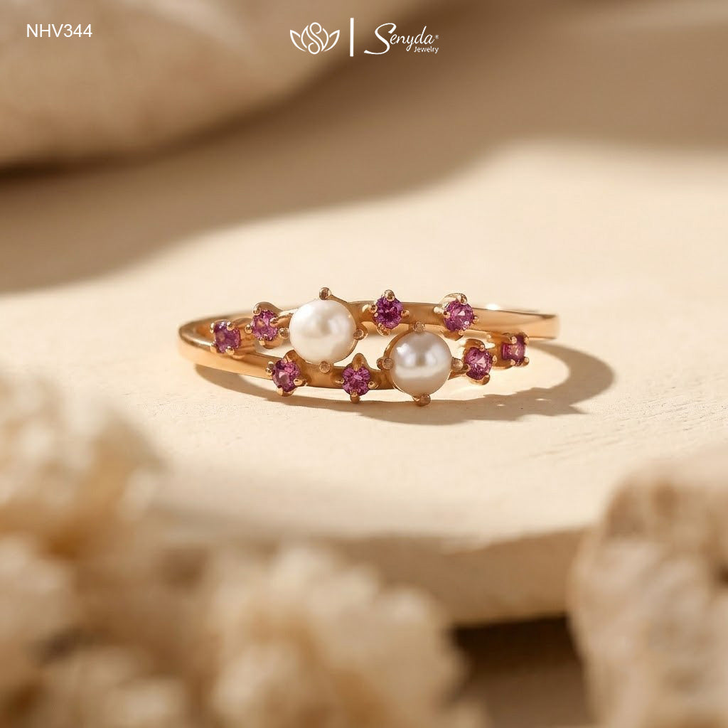 10K Solid Gold Garnets and Pearls Ring