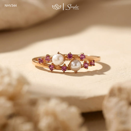 10K Solid Gold Garnets and Pearls Ring