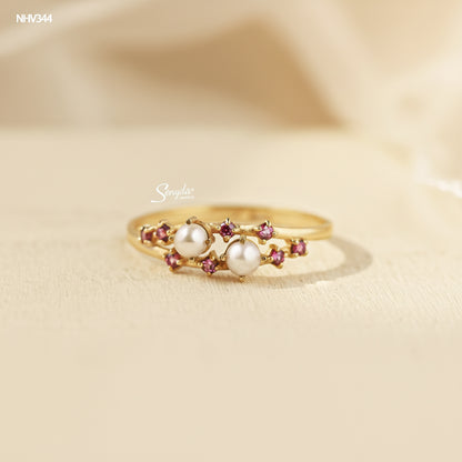 10K Solid Gold Garnets and Pearls Ring