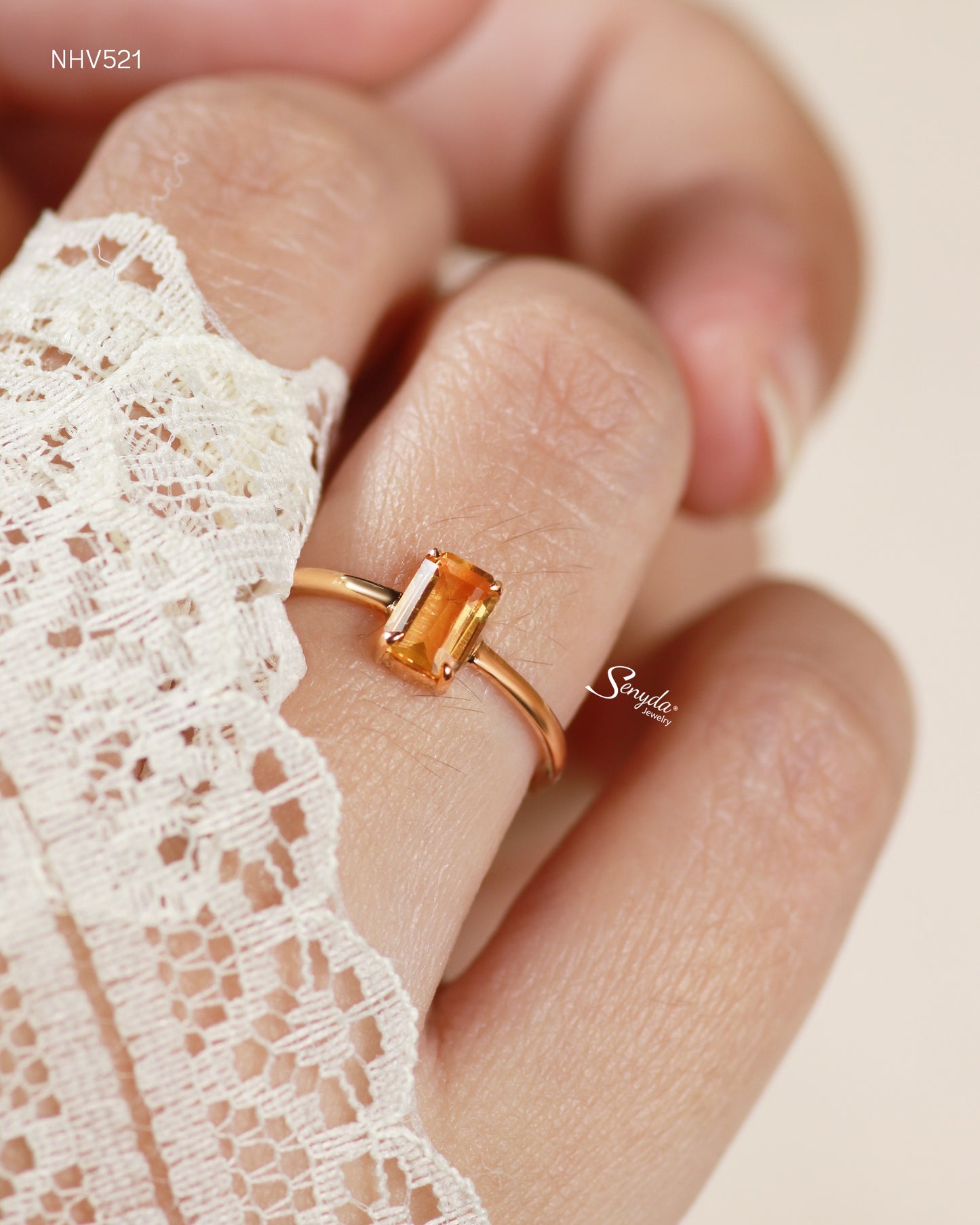 16K Solid Gold Emerald - Shaped Brilliant Cut Natural Golden Citrine Ring