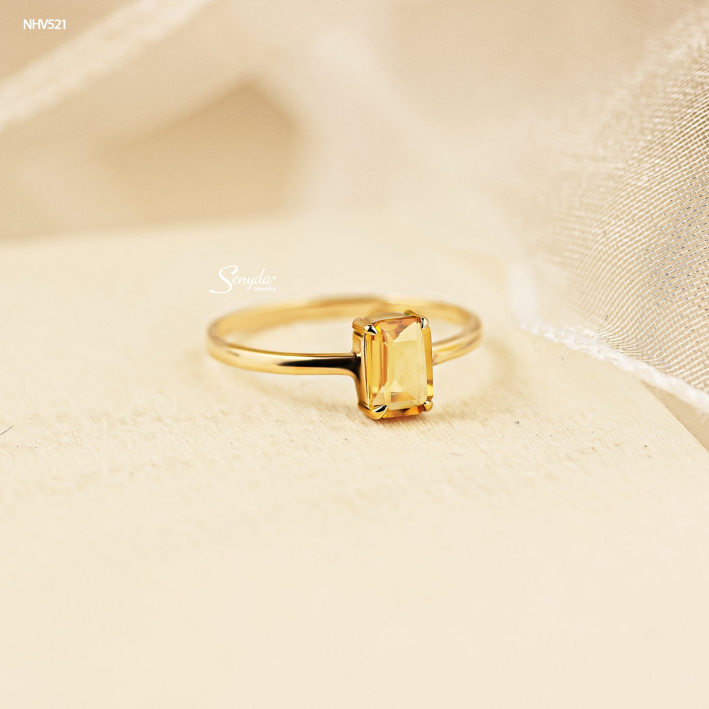 16K Solid Gold Emerald - Shaped Brilliant Cut Natural Golden Citrine Ring