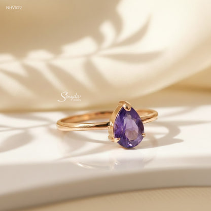 16K Solid Gold Pear - Shaped Brilliant Cut Natural Amethyst Ring