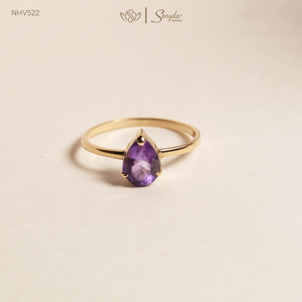16K Solid Gold Pear - Shaped Brilliant Cut Natural Amethyst Ring