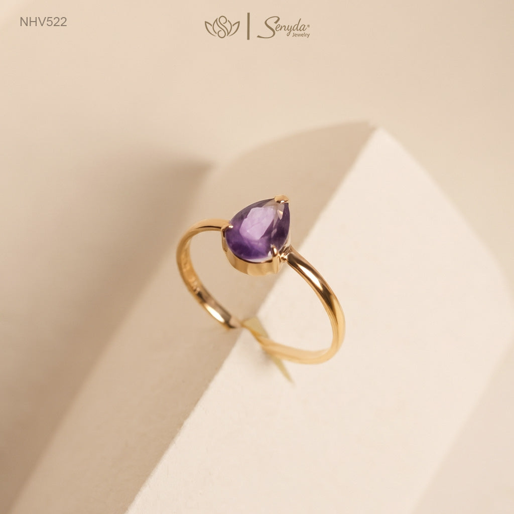 16K Solid Gold Pear - Shaped Brilliant Cut Natural Amethyst Ring