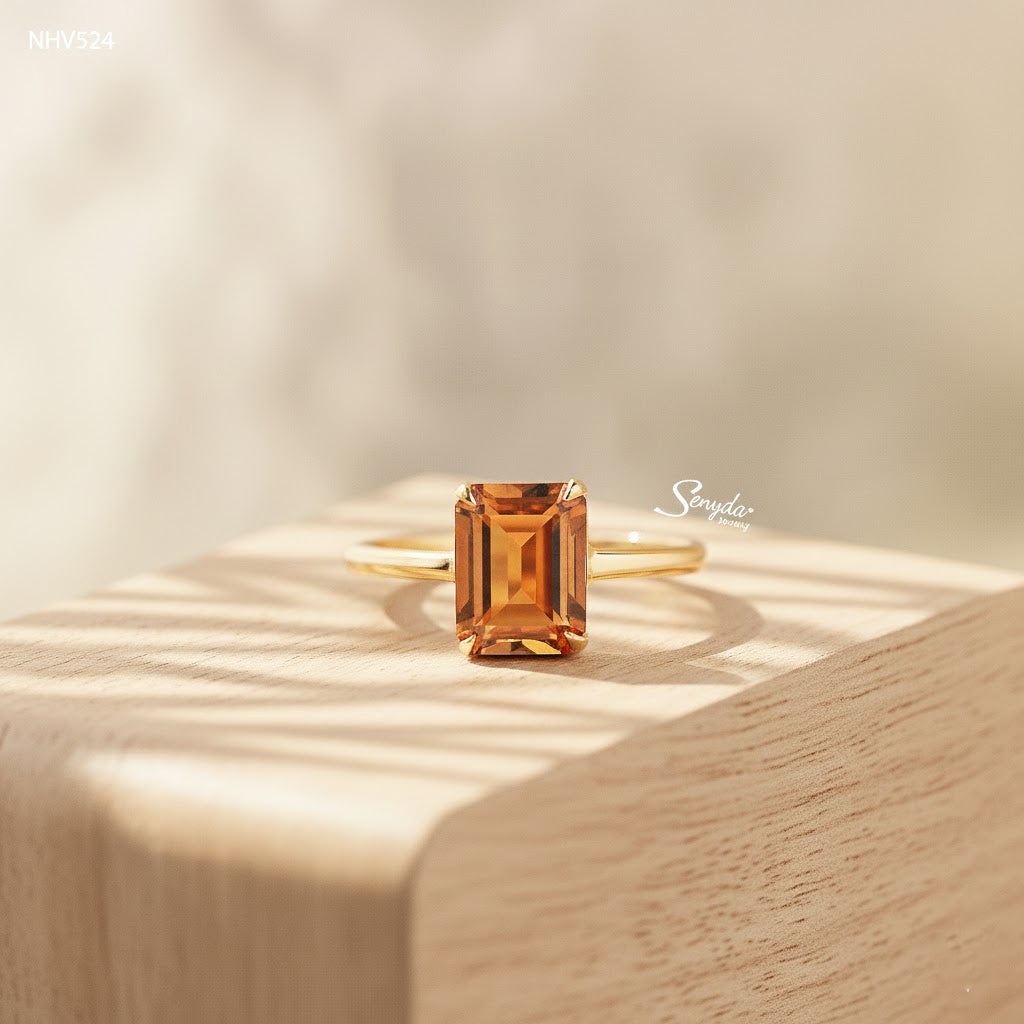 16K Solid Gold Emerald - Shaped Brilliant Cut Natural Palmeira Citrine Ring