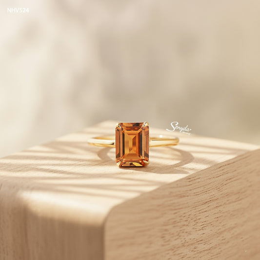 16K Solid Gold Emerald - Shaped Brilliant Cut Natural Palmeira Citrine Ring